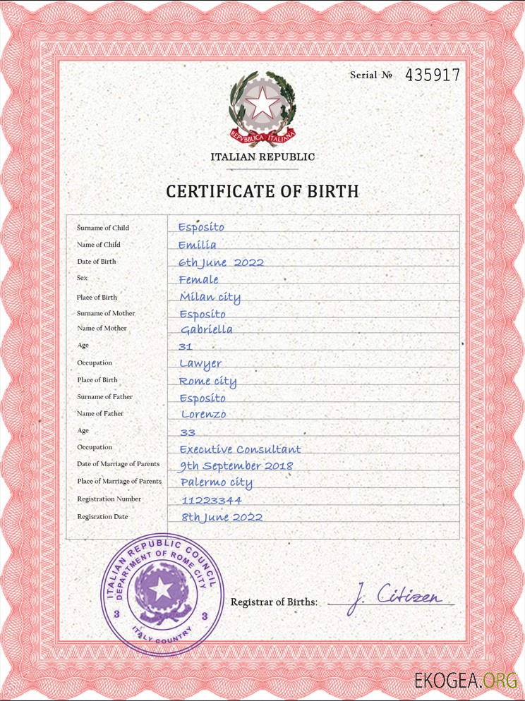 Modèle PSD d'acte de naissance en Italie